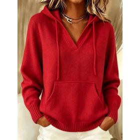 Kangaroo Pocket Knitted Hooded Drawstring Sweatshirt (Option: Red-M)