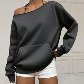 Fashionable Pullover Crew-Neck Off-Shoulder Sweatshirt For Women (Option: Black-M)