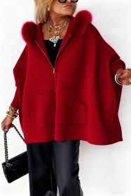Ins Plush Hooded Cardigan Fashion Warm Pockets Zip-up Knitted Jacket Casual Outerwear Batwing Sleeve Sweater Women's Clothing (Option: Red-M)