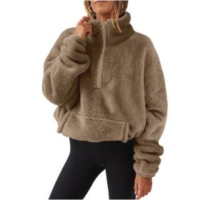 European And American Velvet Fleece-lined Women's Half Zipped Stand Collar Sweater (Option: Caramel Color-M)