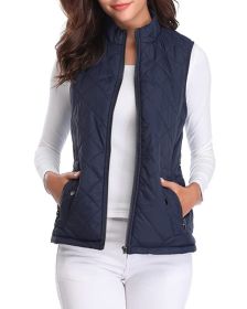 Women's Cotton Vest Stand Collar Zipper Pocket Warm (Option: Navy Blue-M)