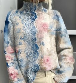 Printed Autumn And Winter New High Neck Long Sleeve Sweaters Women's Clothing (Option: White Line E127-XS)