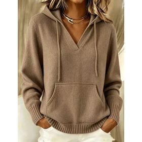 Kangaroo Pocket Knitted Hooded Drawstring Sweatshirt (Option: Brown-M)