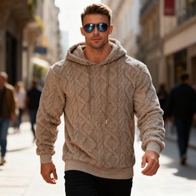 Plush Hooded Sweatshirt Winter Warm Long-sleeved Pullover Top Men's Casual Solid Color Fleece Hoodie Clothing (Option: Brown-M)