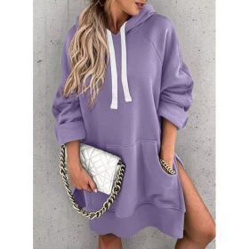 Women's Hooded Sweatshirt With Pockets Fashion Casual Split Mid-length Sweater Drawstring Tops (Option: Purple-M)