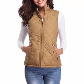 Women's Cotton Vest Stand Collar Zipper Pocket Warm (Option: Khaki-M)