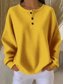 Ins Waffle Long-sleeved T-shirt Fashion Solid Color Buttons Round Neck Pullover Top Women's Clothing (Option: Yellow-M)