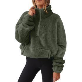 European And American Velvet Fleece-lined Women's Half Zipped Stand Collar Sweater (Option: Army Green-M)