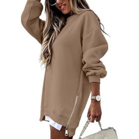 Fall Winter Fashion Stitching Side Zipper Design Pullover Sweater For Women (Option: Khaki-M)