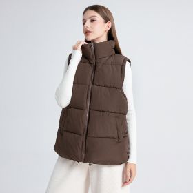 Women's Sleeveless Mid-length Stand-up Collar Thermal Down Cotton Thickened Vest (Option: Brown-L)