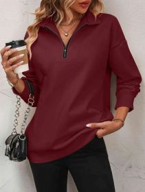 Women's Fashion Half Long-sleeve Zipper Sweatshirt Fashion Pullover (Option: Wine Red-M)