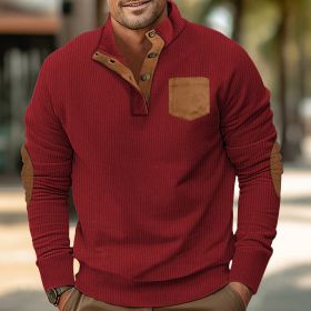 Patch Pocket Jacket Stand Collar Long Sleeve Corduroy Multicolor Hoodie (Option: Wine Red-M)