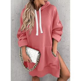 Women's Hooded Sweatshirt With Pockets Fashion Casual Split Mid-length Sweater Drawstring Tops (Option: Pink-M)