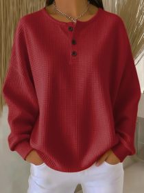 Round Neck Waffle Solid Color Pullover Loose Top (Option: Red-M)