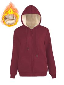 Warm Berber Fleece Pocket Hooded Sweatshirt Coat (Option: Wine Red Thread Zipper-M)