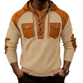 Mens Waffle-Weave Hooded Long-Sleeve Sweatshirt (Option: Khaki-L)