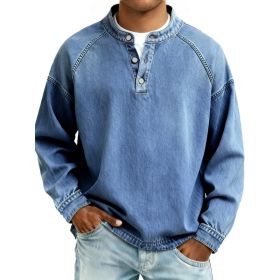 Men's Solid-Colored Casual Top Vintage Long-Sleeve Shirt (Option: Sky Blue-4XL)