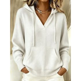 Kangaroo Pocket Knitted Hooded Drawstring Sweatshirt (Option: White-5XL)