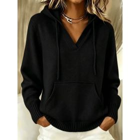 Kangaroo Pocket Knitted Hooded Drawstring Sweatshirt (Option: Black-3XL)