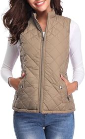 Women's Cotton Vest Stand Collar Zipper Pocket Warm (Option: Dark Khaki Cloth Color-L)