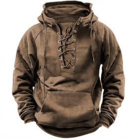 Ins Lace-up Hoodie Casual Sports Pocket Sweatshirt Men's Long-sleeved Top Clothing (Option: Khaki-XL)
