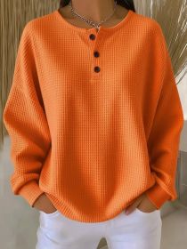 Ins Waffle Long-sleeved T-shirt Fashion Solid Color Buttons Round Neck Pullover Top Women's Clothing (Option: Orange-5XL)