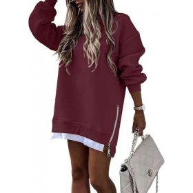 Fall Winter Fashion Stitching Side Zipper Design Pullover Sweater For Women (Option: Wine red-XXL)