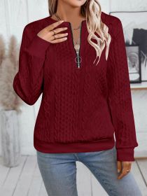 Casual Neckline Long-sleeve Zipper Sweaters Women's Clothing (Option: Wine red-XXL)