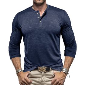 Men's Long-sleeved Henry Collar T-shirt (Option: Sapphire Blue-L)
