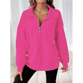Autumn And Winter Loose Long Sleeve Half Zipper Sweater (Option: Rose Red-XXL)