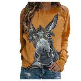 Loose Round Neck Donkey Head Floral Print Long Sleeve Pullover (Option: Yellow-L)