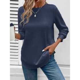 Women's Solid Color Round Neck Loose Stylish Sweatshirt (Option: Navy Blue-5XL)