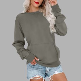 Women's Pin Solid Color Round Neck Loose Long-sleeved Sweater (Option: Gray Green-L)