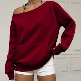 Fashionable Pullover Crew-Neck Off-Shoulder Sweatshirt For Women (Option: Wine Red-3XL)