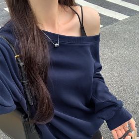 Casual Loose Shoulder Sweater For Women (Option: Navy Blue-L)