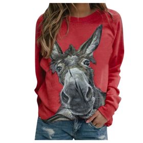 Loose Round Neck Donkey Head Floral Print Long Sleeve Pullover (Option: Red-L)