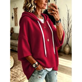 Womens Loose-fitting Hooded Top With Three-quarter Sleeves (Option: Red-L)