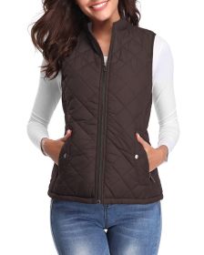Women's Cotton Vest Stand Collar Zipper Pocket Warm (Option: Brown-XL)
