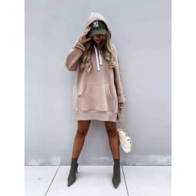 Women's Hooded Sweatshirt With Pockets Fashion Casual Split Mid-length Sweater Drawstring Tops (Option: Khaki-3XL)
