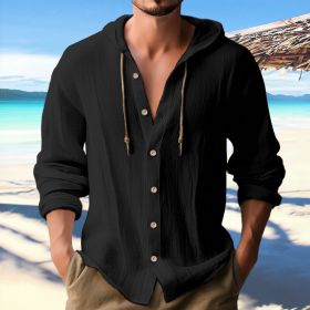 Cotton And Linen Shirt Hooded Sweater Button Long Sleeve (Option: Black-XXXL)