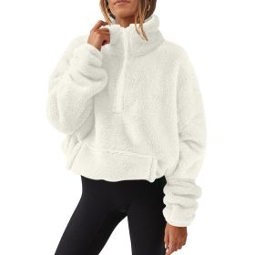 European And American Velvet Fleece-lined Women's Half Zipped Stand Collar Sweater (Option: White-XXL)