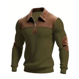 Notched-collar Patchwork Knit Top With Embroidered Zipper Hoodie (Option: Army Green-3XL)