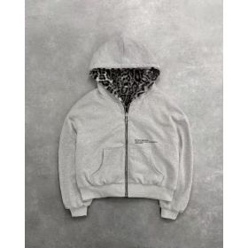 Hooded Hoodie Two Sides Can Wear Vintage Leopard Print Zipper Hoodie (Option: Gray-L)