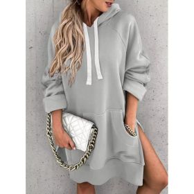 Women's Hooded Sweatshirt With Pockets Fashion Casual Split Mid-length Sweater Drawstring Tops (Option: Gray-3XL)