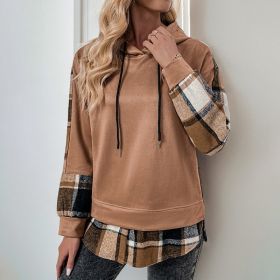 European And American Long Sleeve Plaid Colorblock Hooded Velvet Padded Sweater (Option: Coffee Brown-L)