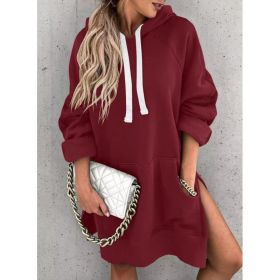 Women's Hooded Sweatshirt With Pockets Fashion Casual Split Mid-length Sweater Drawstring Tops (Option: Wine Red-3XL)