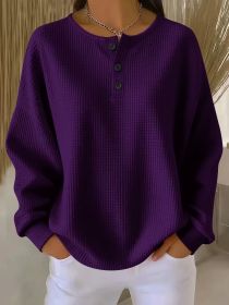 Ins Waffle Long-sleeved T-shirt Fashion Solid Color Buttons Round Neck Pullover Top Women's Clothing (Option: Purple-2XL)