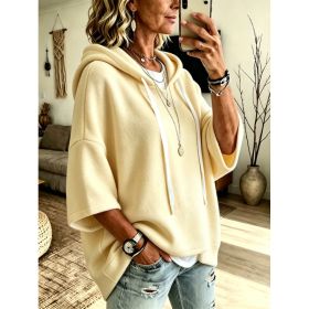 Womens Loose-fitting Hooded Top With Three-quarter Sleeves (Option: Beige-L)