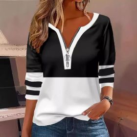 Women's V-collar Contrast Color Striped Loose Zip Long-sleeved T-shirt (Option: Black-XXL)