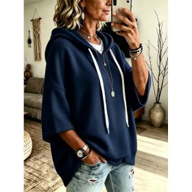 Womens Loose-fitting Hooded Top With Three-quarter Sleeves (Option: Navy Blue-L)